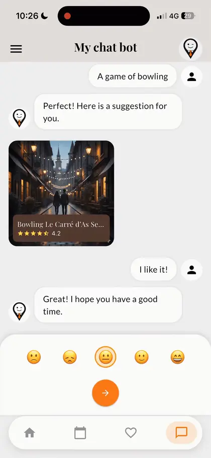 Chatbot suggesting a bowling alley