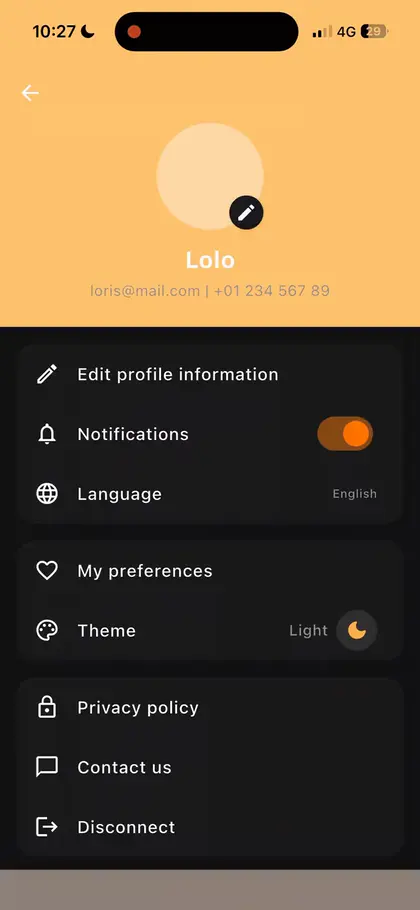Profile screen with the theme switch