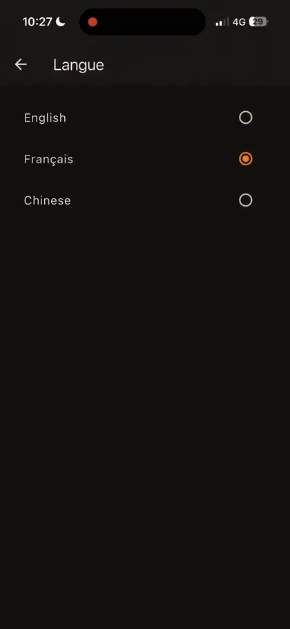Language picker: English, French, Chinese