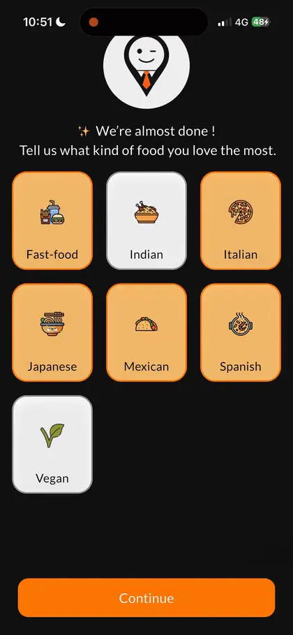 Onboarding: picking favourite cuisines