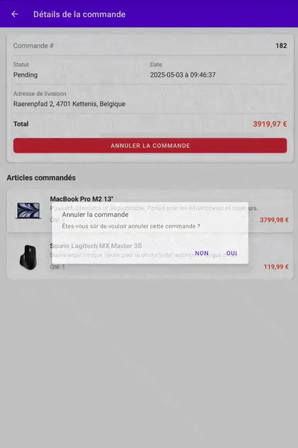 Order detail with the cancel confirmation